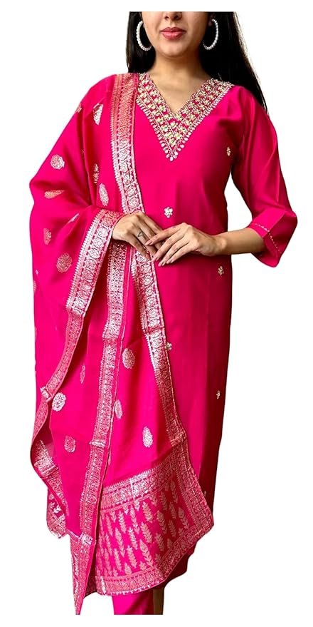 Women's Viscose  Silk Embroidery Kurta Bottom Set, and Dupatta Set Traditional Kurta Set for Women(Pink)