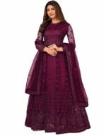 Women's Net Embroidered Semi-Stitched Gown Gown-New(Wine)