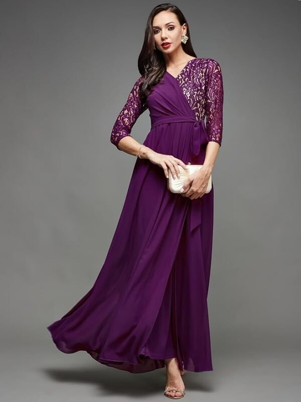 Women's V-Neck Three-Quarter Sleeve Self-Designed Wrap Maxi Georgette Dress(Dark Purple)