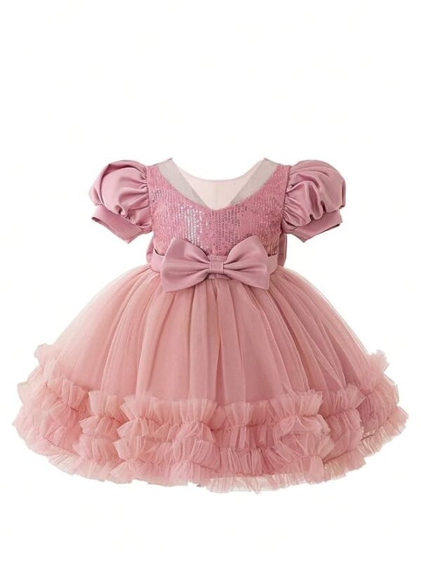 Net Embroidery Work Ruffle Patterned Flared Short Sleeve Girl Frock(Orange)