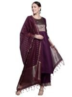Women's Cotton Yoke Design Straight Kurta Pant with Dupatta Set(Wine)