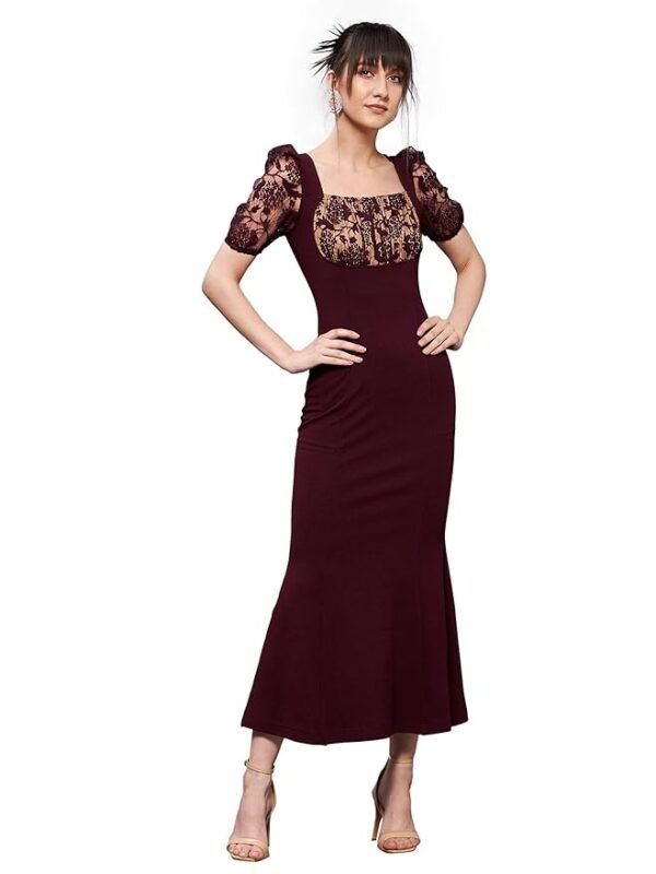 Women Bodycon Square Puff Sleeve Solid Lace Overlaid Ankle Length Dress(Wine）