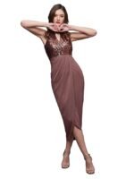 Women's Wine Halter Neck Sleeveless Solid Embellished Midi Dress(Mauve)