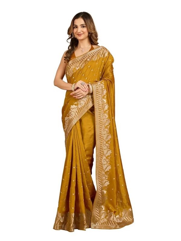Women's Art Silk Sequin Embroidery Work Saree with Unstitched Blouse Piece(Yellow)