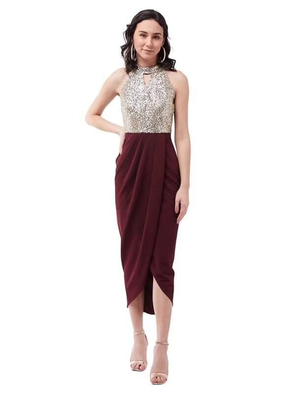 Women's Wine Halter Neck Sleeveless Solid Embellished Midi Dress(Wine)