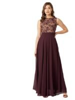 Women's Brick Red & Dusty Green Boat Neck Sleeveless Self Design Lace Overlaid Regular Dress(Beige & Wine)