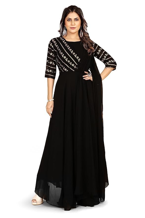 Gown for Women - Georgette Matt Sequence Embroidery Regular Fit A-Line Gown with Attached Dupatta