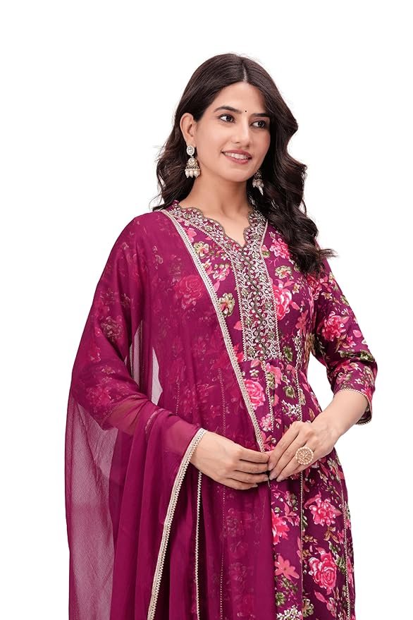 Women's Rayon Kurta with Pant & Dupatta Set(Maroon)
