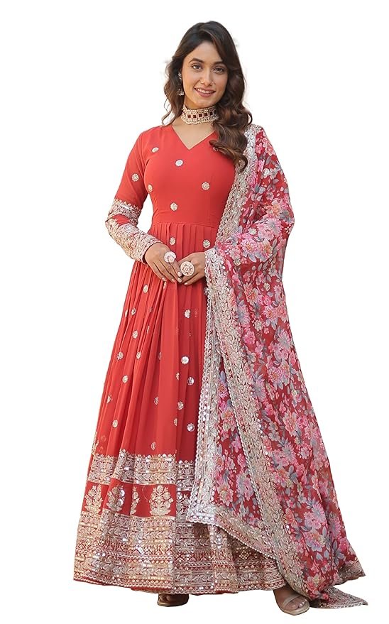 Georgette Embroidered Long Anarkali(Red)