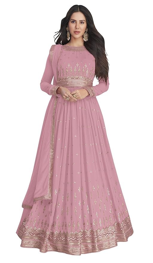 Georgette Embroidered Semi-Stitched Gown for Women(Pink)
