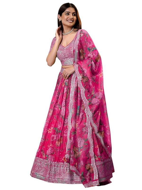 Women's Print And Sequins Embroidered Organza Semi-stitched Lehenga Choli Set With Dupatta(Pink)