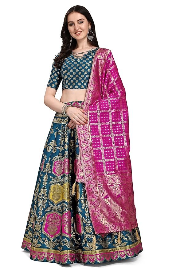 Women's Jacquard Semi-Stitched Lehenga Choli(Teal Blue)
