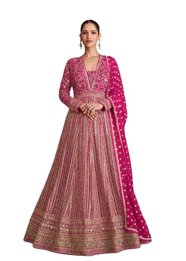 Women's Pink  Stitched Gown with Dupatta Full Sleeve Embroidered Anarkali Gown