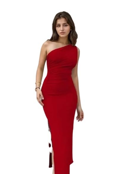 Red One Shoulder Bodycon Dress, Side Slit, Formal Evening Gown, Elegant Fitted Maxi