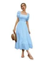 Blue Girl's & Women's Solid A-Line Ruched Puff Sleeve Maxi Long Evening One Piece Long Dress for Women Stylish