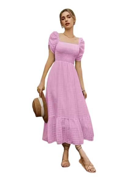 Pink Girl's & Women's Solid A-Line Ruched Puff Sleeve Maxi Long Evening One Piece Long Dress for Women Stylish
