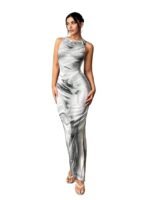 Women's Print Bodycon Maxi Dress – Sleeveless Slim Fit Long Dress with Side Slit – Elegant Gray| Tone Dress