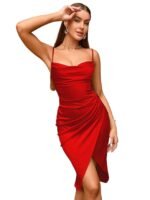 Red Women’s Satin Midi Dress with Spaghetti Straps | Elegant Ruched Bodycon Cocktail Dress