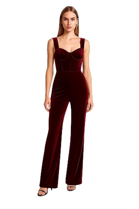 Wine Women’s Velvet Jumpsuit – Elegant Style Wide Leg – Sleeveless Sweetheart Neck Evening Romper – Soft High Waist Formal Outfit