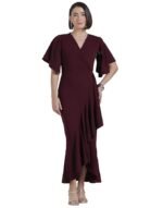Wine Flutter Sleeve Bodycon Midi Dress for Women, V-Neck Ruffle Hem Outfit