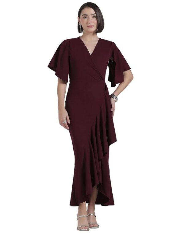Wine Flutter Sleeve Bodycon Midi Dress for Women, V-Neck Ruffle Hem Outfit