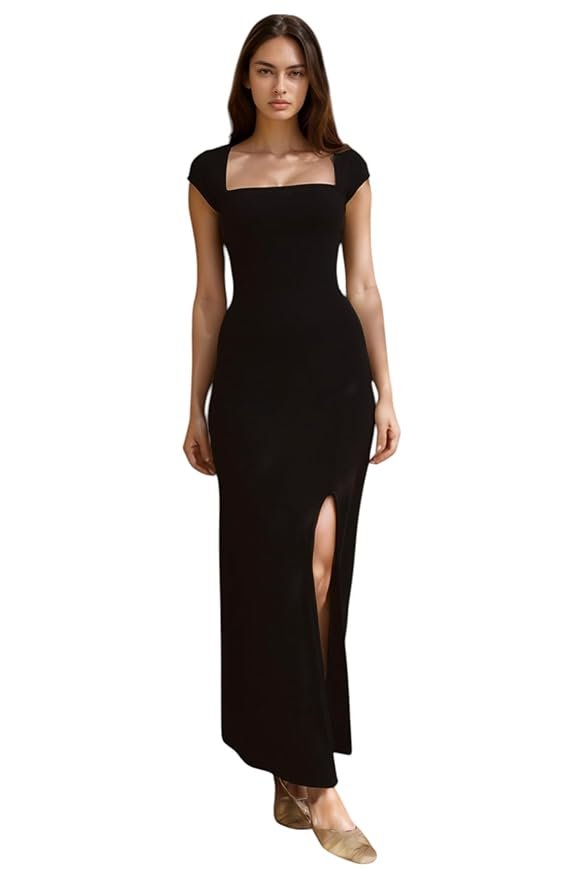 Floral Print Bodycon Maxi Dress with Square Neck and Front Slit