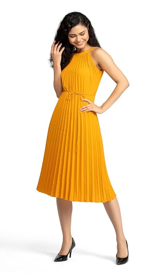 Yellow Women's Elegant Belted Pleated Sleeveless Short Dress
