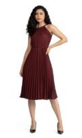 Maroon Women's Elegant Belted Pleated Sleeveless Short Dress