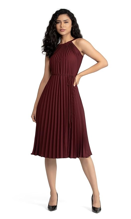 Maroon Women's Elegant Belted Pleated Sleeveless Short Dress