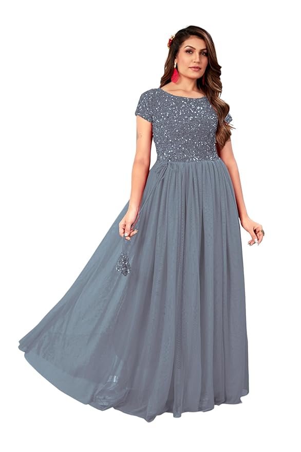 Elegant Women's Gown with Sequins Work | Velvet Bodice & Net Flare | Short Sleeve, Boat Neck (Grey)