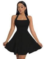 Solid Halter Neck Sleeveless Fit & Flared Mini Dress for Women