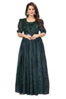 Green Elegant Women's Long Gown | Anarkali Style | Flared Floor-Length Dress | Floral Emboss Print | Sequence Embroidery